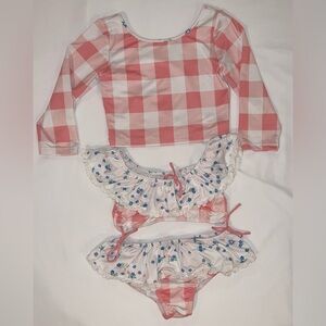 Wildling Pink Floral Ruffled Bikini & Pink Rashguard Girls Size 9/10